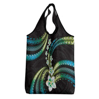 Hawaii Plumeria Grocery Bag Chartreuse Cyan Polynesian Pattern