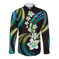 Hawaii Plumeria Long Sleeve Button Shirt Chartreuse Cyan Polynesian Pattern