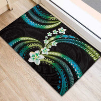 Hawaii Plumeria Rubber Doormat Chartreuse Cyan Polynesian Pattern