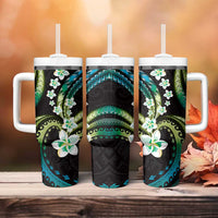 Hawaii Plumeria Tumbler With Handle Chartreuse Cyan Polynesian Pattern