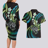 Hawaii Shaka Sign Couples Matching Long Sleeve Bodycon Dress and Hawaiian Shirt Fantastic Frangipani Chartreuse Cyan