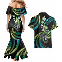 Hawaii Shaka Sign Couples Matching Mermaid Dress and Hawaiian Shirt Fantastic Frangipani Chartreuse Cyan