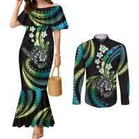 Hawaii Shaka Sign Couples Matching Mermaid Dress and Long Sleeve Button Shirt Fantastic Frangipani Chartreuse Cyan