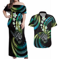 Hawaii Shaka Sign Couples Matching Off Shoulder Maxi Dress and Hawaiian Shirt Fantastic Frangipani Chartreuse Cyan