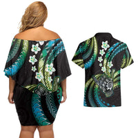 Hawaii Shaka Sign Couples Matching Off Shoulder Short Dress and Hawaiian Shirt Fantastic Frangipani Chartreuse Cyan