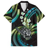 Hawaii Shaka Sign Family Matching Tank Maxi Dress and Hawaiian Shirt Fantastic Frangipani Chartreuse Cyan