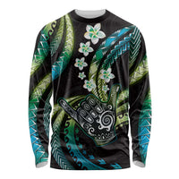 Hawaii Shaka Sign Long Sleeve Shirt Fantastic Frangipani Chartreuse Cyan