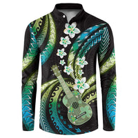 Hawaiian Ukulele Button Sweatshirt Chartreuse Cyan Fantastic Plumeria