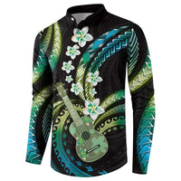 Hawaiian Ukulele Button Sweatshirt Chartreuse Cyan Fantastic Plumeria