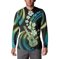 Hawaiian Ukulele Button Sweatshirt Chartreuse Cyan Fantastic Plumeria