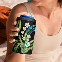 Hawaiian Ukulele 4 in 1 Can Cooler Tumbler Chartreuse Cyan Fantastic Plumeria