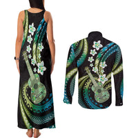 Hawaiian Ukulele Couples Matching Tank Maxi Dress and Long Sleeve Button Shirt Chartreuse Cyan Fantastic Plumeria