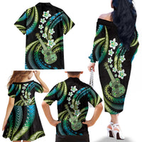 Hawaiian Ukulele Family Matching Off The Shoulder Long Sleeve Dress and Hawaiian Shirt Chartreuse Cyan Fantastic Plumeria