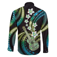 Hawaiian Ukulele Family Matching Off The Shoulder Long Sleeve Dress and Hawaiian Shirt Chartreuse Cyan Fantastic Plumeria