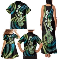 Hawaiian Ukulele Family Matching Tank Maxi Dress and Hawaiian Shirt Chartreuse Cyan Fantastic Plumeria
