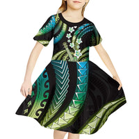 Hawaiian Ukulele Kid Short Sleeve Dress Chartreuse Cyan Fantastic Plumeria