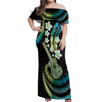 Hawaiian Ukulele Off Shoulder Maxi Dress Chartreuse Cyan Fantastic Plumeria