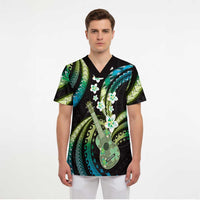 Hawaiian Ukulele Scrub Top Chartreuse Cyan Fantastic Plumeria - Polynesian Pride