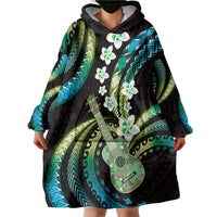 Hawaiian Ukulele Wearable Blanket Hoodie Chartreuse Cyan Fantastic Plumeria