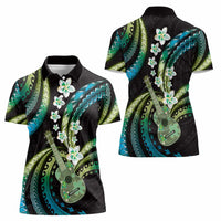 Hawaiian Ukulele Women Polo Shirt Chartreuse Cyan Fantastic Plumeria
