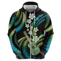 Hawaiian Ukulele Zip Hoodie Chartreuse Cyan Fantastic Plumeria