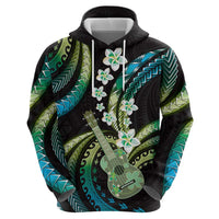 Hawaiian Ukulele Zip Hoodie Chartreuse Cyan Fantastic Plumeria