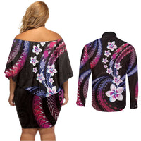 Hawaii Plumeria Couples Matching Off Shoulder Short Dress and Long Sleeve Button Shirt Sweet Gradient Polynesian Pattern