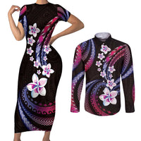 Hawaii Plumeria Couples Matching Short Sleeve Bodycon Dress and Long Sleeve Button Shirt Sweet Gradient Polynesian Pattern
