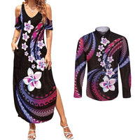 Hawaii Plumeria Couples Matching Summer Maxi Dress and Long Sleeve Button Shirt Sweet Gradient Polynesian Pattern
