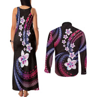 Hawaii Plumeria Couples Matching Tank Maxi Dress and Long Sleeve Button Shirt Sweet Gradient Polynesian Pattern