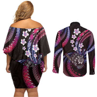 Hawaii Shaka Sign Couples Matching Off Shoulder Short Dress and Long Sleeve Button Shirt Fantastic Frangipani Sweet Vibes
