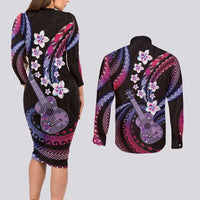 Hawaiian Ukulele Couples Matching Long Sleeve Bodycon Dress and Long Sleeve Button Shirt Sweet Dream Fantastic Plumeria
