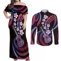 Hawaiian Ukulele Couples Matching Off Shoulder Maxi Dress and Long Sleeve Button Shirt Sweet Dream Fantastic Plumeria
