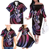 Hawaiian Ukulele Family Matching Off The Shoulder Long Sleeve Dress and Hawaiian Shirt Sweet Dream Fantastic Plumeria