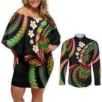 Hawaii Turtles Plumeria Couples Matching Off Shoulder Short Dress and Long Sleeve Button Shirt Reggae Polynesian Pattern