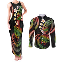 Hawaii Turtles Plumeria Couples Matching Tank Maxi Dress and Long Sleeve Button Shirt Reggae Polynesian Pattern