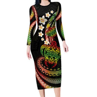 Hawaii Turtles Plumeria Family Matching Long Sleeve Bodycon Dress and Hawaiian Shirt Reggae Polynesian Pattern