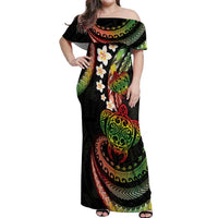 Hawaii Turtles Plumeria Off Shoulder Maxi Dress Reggae Polynesian Pattern