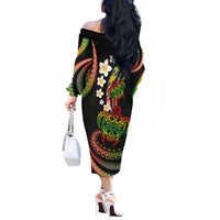 Hawaii Turtles Plumeria Off The Shoulder Long Sleeve Dress Reggae Polynesian Pattern