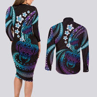 Hawaii Turtles Plumeria Couples Matching Long Sleeve Bodycon Dress and Long Sleeve Button Shirt Amethyst Gradient Polynesian Pattern