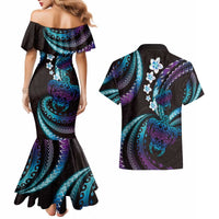 Hawaii Turtles Plumeria Couples Matching Mermaid Dress and Hawaiian Shirt Amethyst Gradient Polynesian Pattern