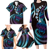 Hawaii Turtles Plumeria Family Matching Long Sleeve Bodycon Dress and Hawaiian Shirt Amethyst Gradient Polynesian Pattern