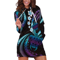 Hawaii Turtles Plumeria Hoodie Dress Amethyst Gradient Polynesian Pattern