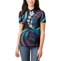 Hawaii Turtles Plumeria Women Polo Shirt Amethyst Gradient Polynesian Pattern