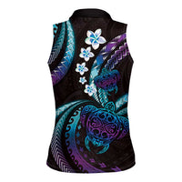 Hawaii Turtles Plumeria Women Sleeveless Polo Shirt Amethyst Gradient Polynesian Pattern