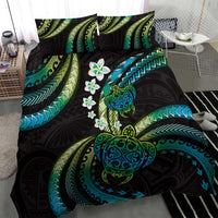 Hawaii Turtles Plumeria Bedding Set Chartreuse Cyan Polynesian Pattern