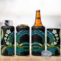 Hawaii Turtles Plumeria 4 in 1 Can Cooler Tumbler Chartreuse Cyan Polynesian Pattern