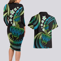 Hawaii Turtles Plumeria Couples Matching Long Sleeve Bodycon Dress and Hawaiian Shirt Chartreuse Cyan Polynesian Pattern