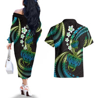 Hawaii Turtles Plumeria Couples Matching Off The Shoulder Long Sleeve Dress and Hawaiian Shirt Chartreuse Cyan Polynesian Pattern