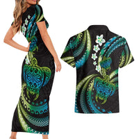 Hawaii Turtles Plumeria Couples Matching Short Sleeve Bodycon Dress and Hawaiian Shirt Chartreuse Cyan Polynesian Pattern